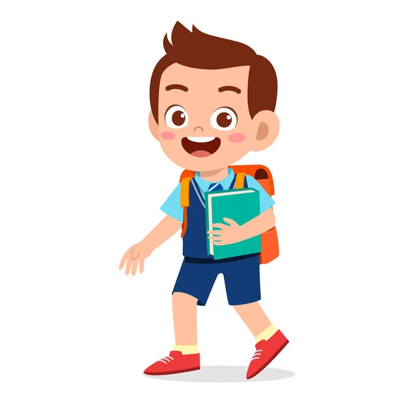 Menino bonito feliz pronto para ir para a escola —  Vetores de Stock