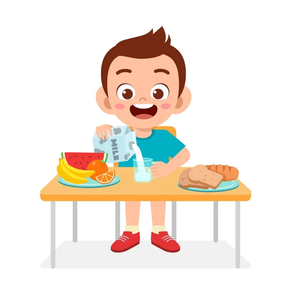 Happy cute kid boy eat healthy food — Stock Vector