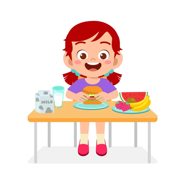 Mutlu şirin kız sağlıklı yiyecekler yiyor. — Stok Vektör