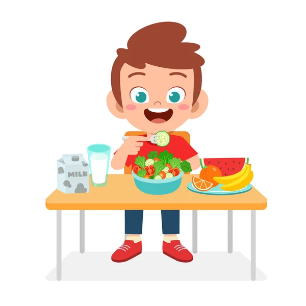 Menino bonito feliz comer comida saudável —  Vetores de Stock