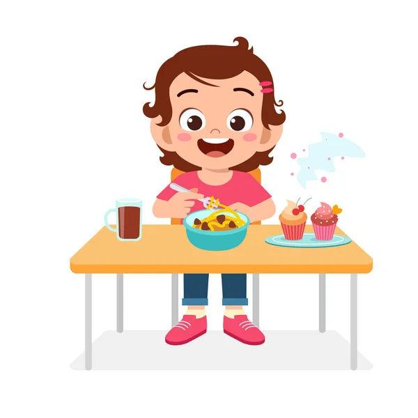 Menina criança bonito feliz comer comida saudável —  Vetores de Stock