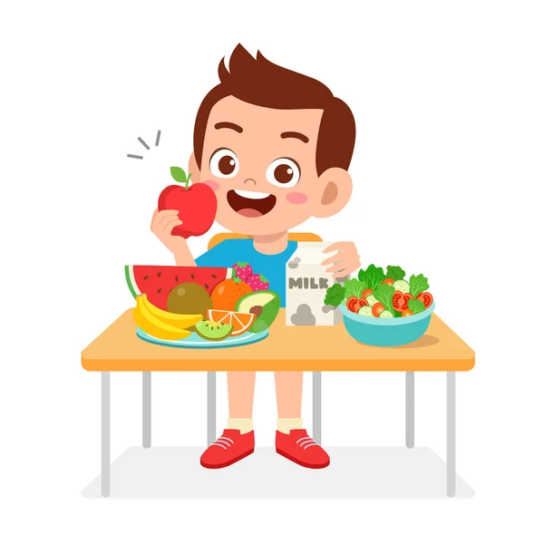 Glad söt pojke äta hälsosam mat — Stock vektor