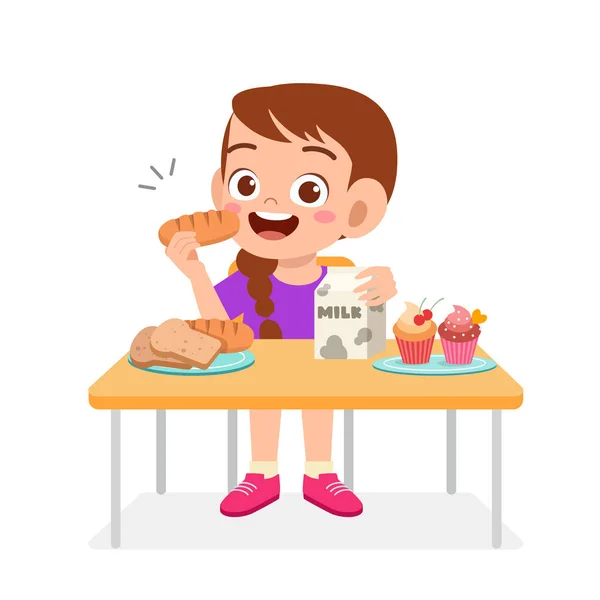 Menina criança bonito feliz comer comida saudável — Vetor de Stock