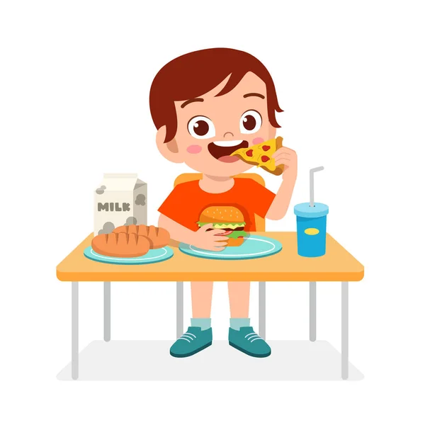 Niño lindo feliz comer comida rápida — Archivo Imágenes Vectoriales