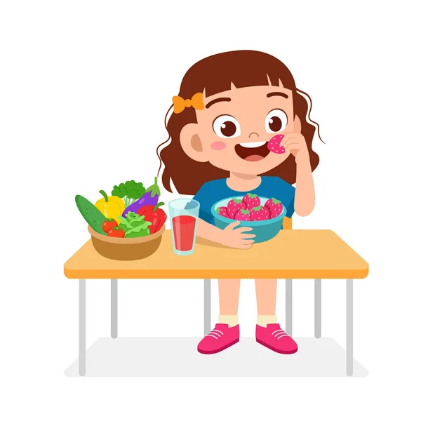 Menina criança bonito feliz comer comida saudável —  Vetores de Stock