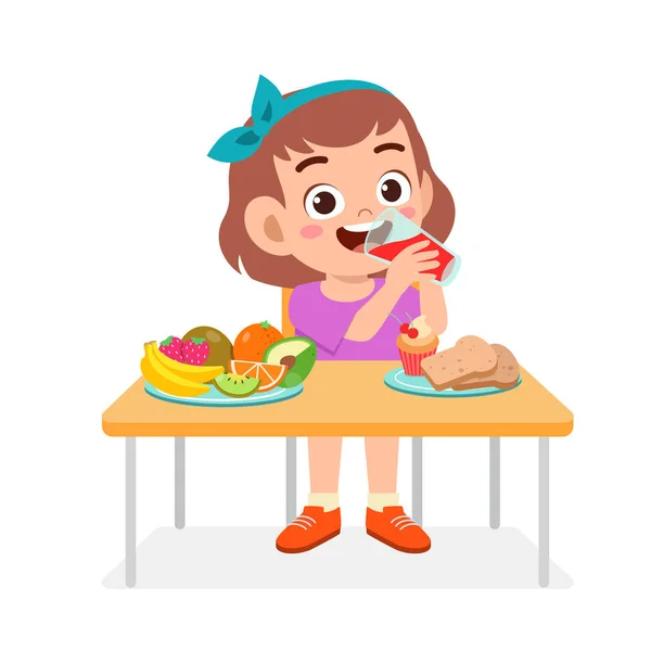 Happy cute anak perempuan makan makanan sehat - Stok Vektor