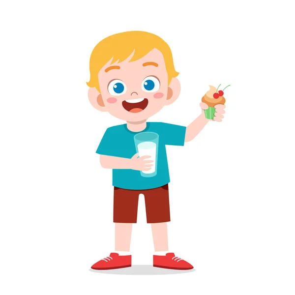 Happy cute kid boy drink fresh milk — Stock Vector