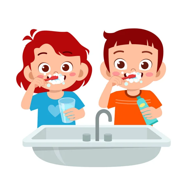 Niño lindo feliz y niña cepillo de dientes limpios — Vector de stock