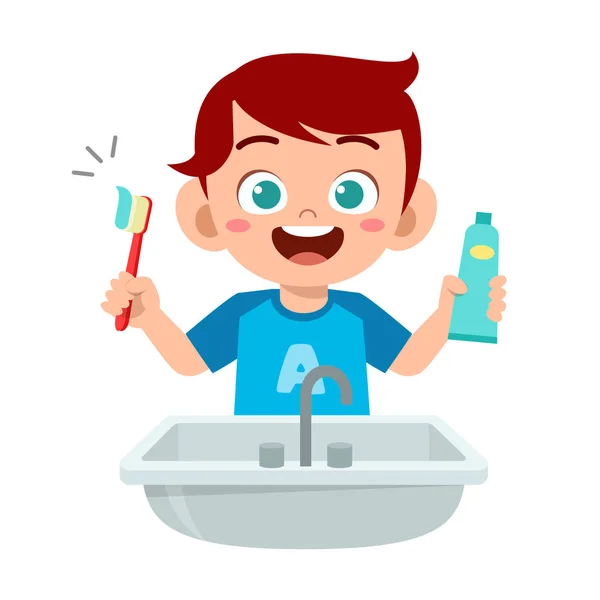 Feliz niño lindo cepillo de niños dientes limpios — Vector de stock