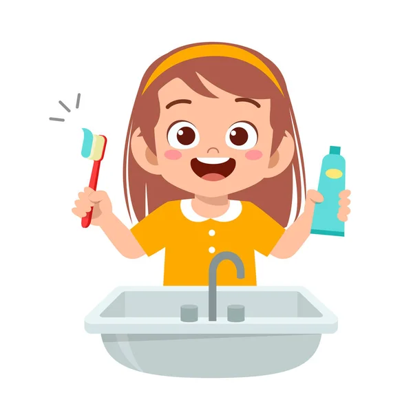 Feliz linda niña cepillo de dientes limpios — Vector de stock