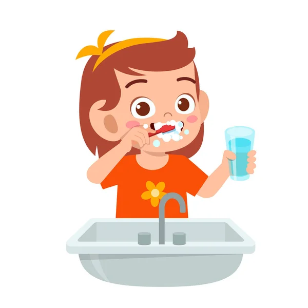 Happy Cute Kid Girl escova dentes limpos — Vetor de Stock