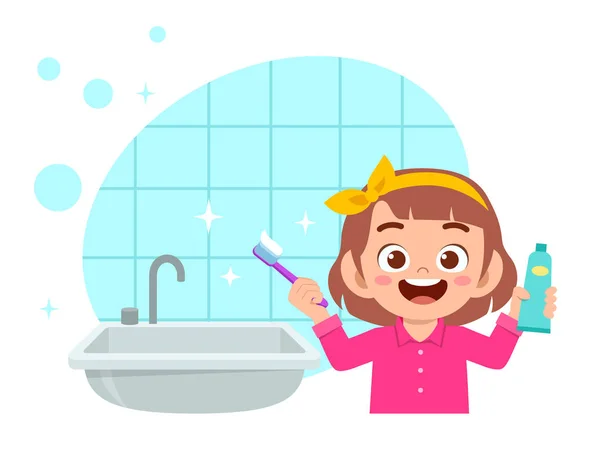 快乐可爱的小女孩刷牙清洁 — 图库矢量图片