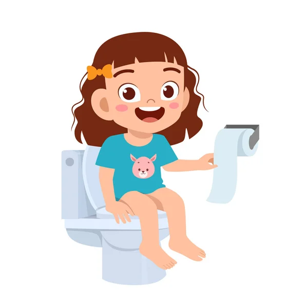 Anak gadis manis yang bahagia duduk di toilet - Stok Vektor