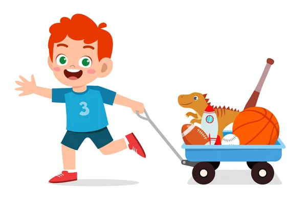快乐可爱的小男孩带着装有旅行车的玩具 — 图库矢量图片