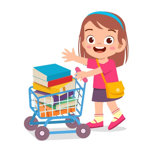 Glad söt liten flicka föra bok till skolan — Stock vektor