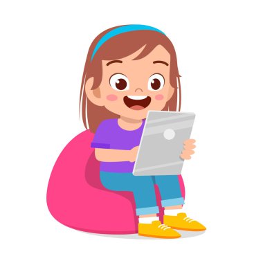 Mutlu şirin çocuklar, kız ve erkek tablet vektörü kullanıyor.