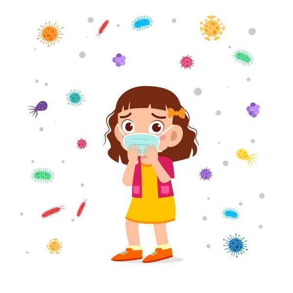 Sad cute kid girl cough use masker — Stock Vector