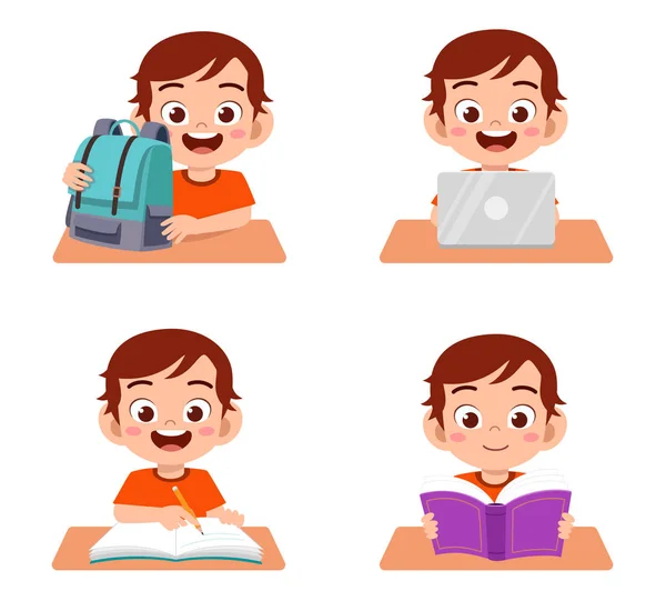 Счастливые милые дети мальчик и девочка учебный набор — стоковый вектор