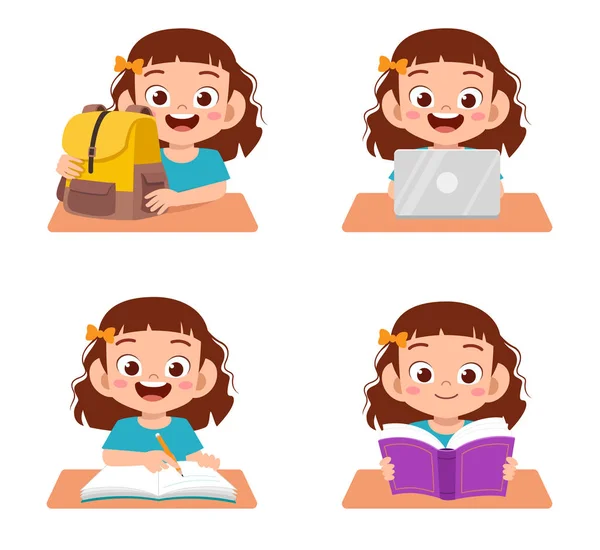 Heureux mignon enfant fille étude dans l'école ensemble — Image vectorielle