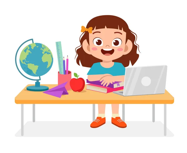 Szczęśliwy cue dziecko dziewczyna nauka na stole — Wektor stockowy