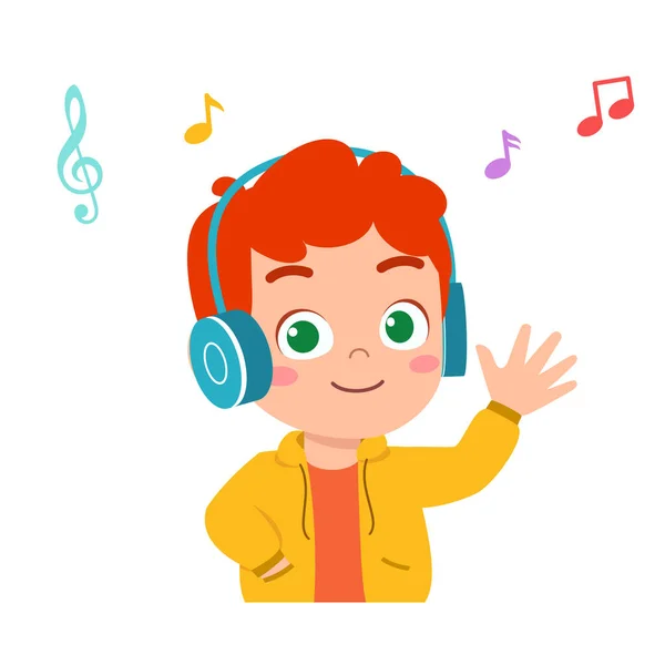 幸せなかわいい男の子はいい音楽を聞く — ストックベクタ