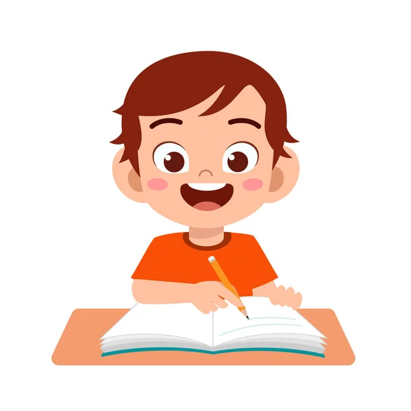 Mutlu şirin çocuk gülümseyerek ders çalışıyor. — Stok Vektör