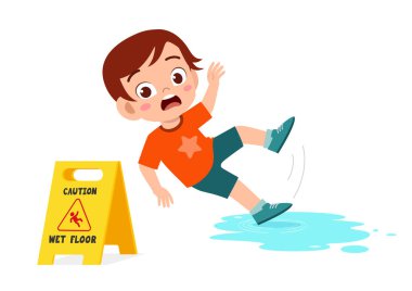 shock cute kid boy trip over wet floor