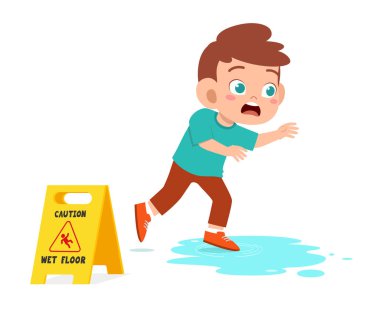 shock cute kid boy trip over wet floor