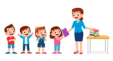 happy cute teacher give book to students