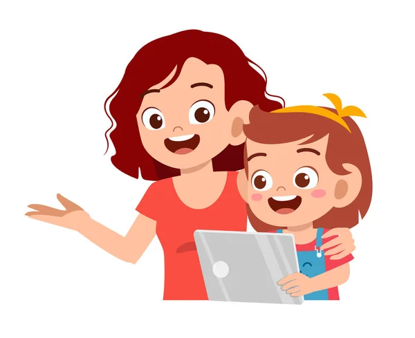 快乐可爱的小女孩和妈妈一起玩平板电脑 — 图库矢量图片