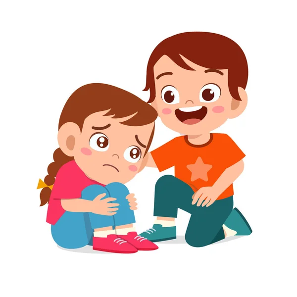 Ευτυχισμένο χαριτωμένο αγόρι παρηγορεί κλαίγοντας φίλος — Διανυσματικό Αρχείο
