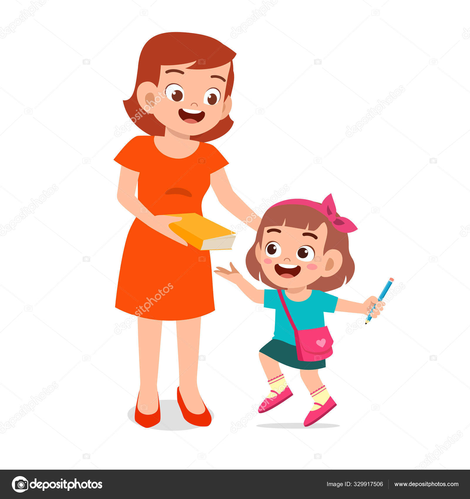 Happy Cute Kid Girl Prepare To Go To School With Mom Vector Image By C Colorfuelstudio Vector Stock