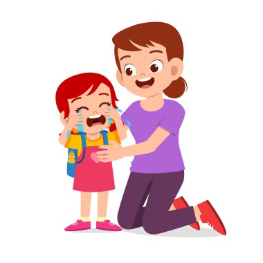 Üzgün, ağlayan, annesi gülümseyen bir çocuk.