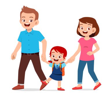 Mutlu küçük kız anne ve babasıyla okula gidiyor.