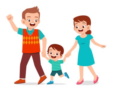 Mutlu şirin çocuk, anne ve babayla yürüyüşe çık.