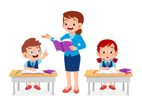 Happy cute kids boy and girl study with teacher — Stock Vector