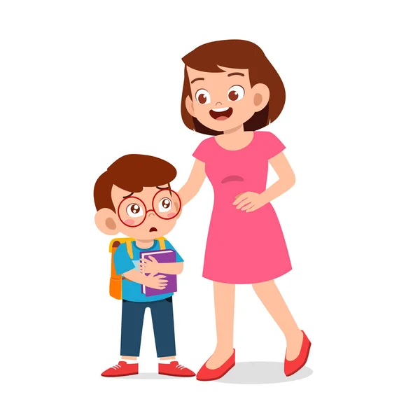 Niño lindo feliz primer día de escuela con la madre — Vector de stock