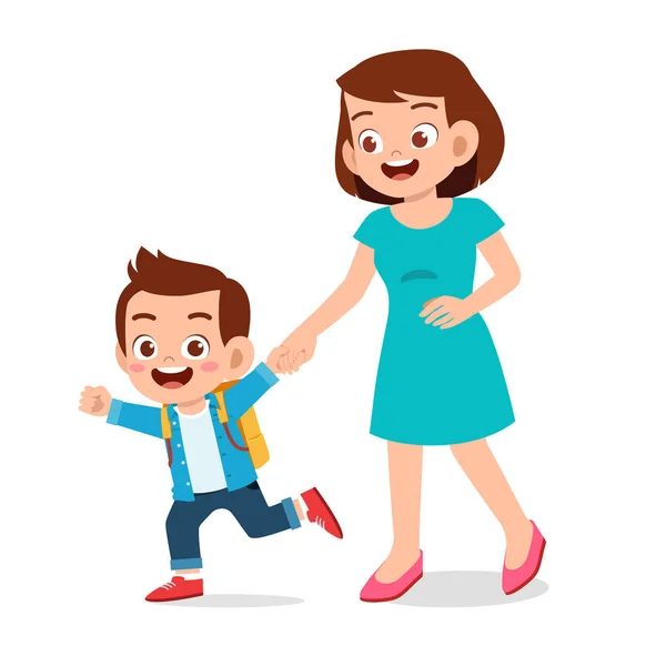 Happy cute kid boy first day school with mother — Stock Vector