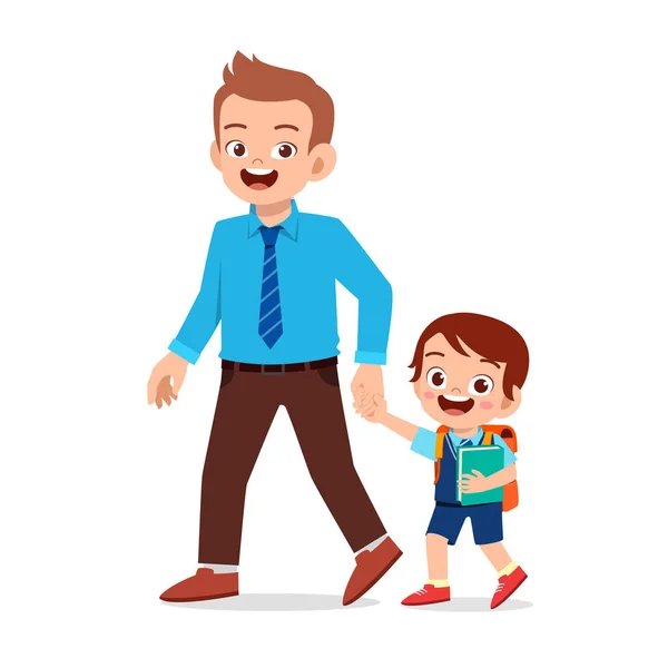 Happy cute kid boy first day school with father — Stock Vector