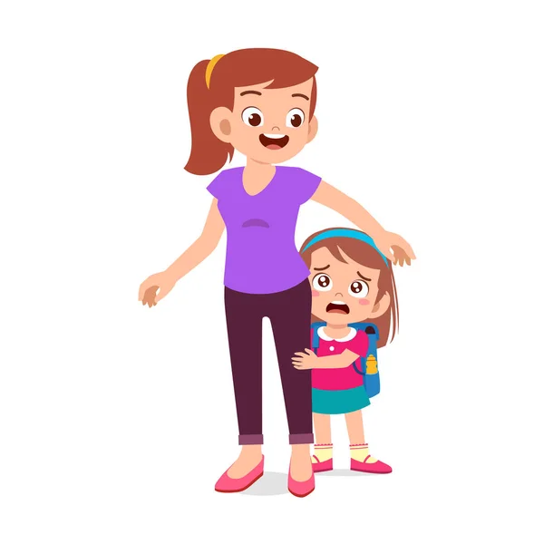 Niña linda feliz primer día de escuela con la madre — Vector de stock