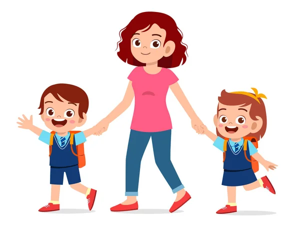 Happy cute anak laki-laki dan perempuan pergi ke sekolah dengan ibu - Stok Vektor