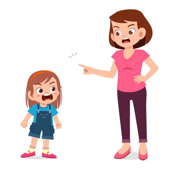 Mamá tratar de hablar con su niña enojada — Vector de stock