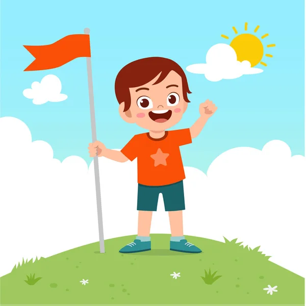 Счастливый симпатичный мальчик несет флаг на горе — стоковый вектор