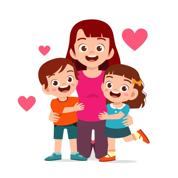 Feliz lindo niños chico y chica abrazo mamá — Vector de stock