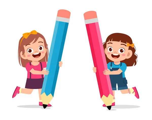 Happy cute kid girl holding big pencil — Stock Vector