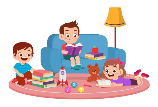 Happy cute kids boy and girl study read together — 스톡 벡터
