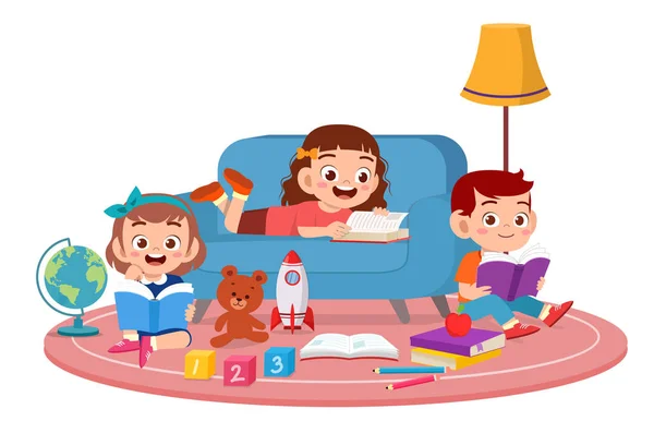 Happy cute kids boy and girl study read together — Stock Vector