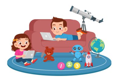 Mutlu şirin çocuklar, kız ve erkek akıllı telefon kullanır.