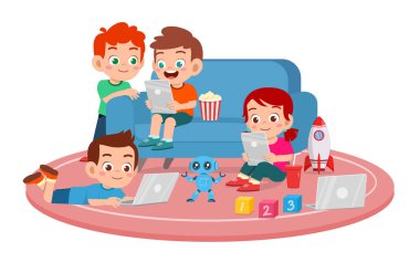 Mutlu şirin çocuklar, kız ve erkek akıllı telefon kullanır.