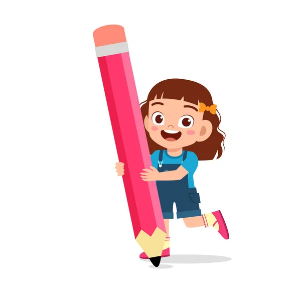 Glad söt liten flicka håller stor penna — Stock vektor